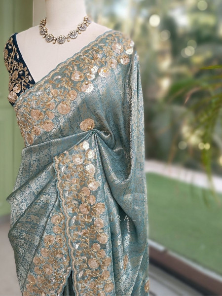 Symphony Sea Green Saree with Zardozi Floral Embroidery