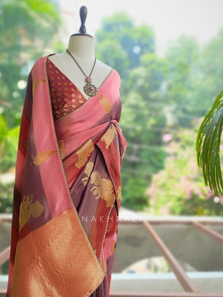Rangrekha Pink Saree With Striped Woven Figurative Motifs