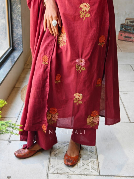 Kavira Maroon Suit Set with Floral Embroidery Work