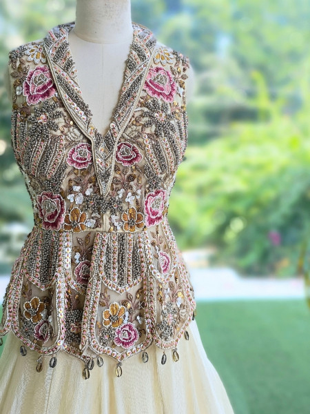 Linear Eden Cream Georgette & Tulle Net Lehenga