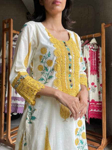 Serene Earth Yellow Crochet Palazzo Suit