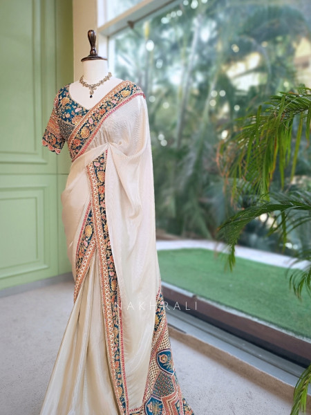 Mehr Cream & Teal Blue Fusion Saree
