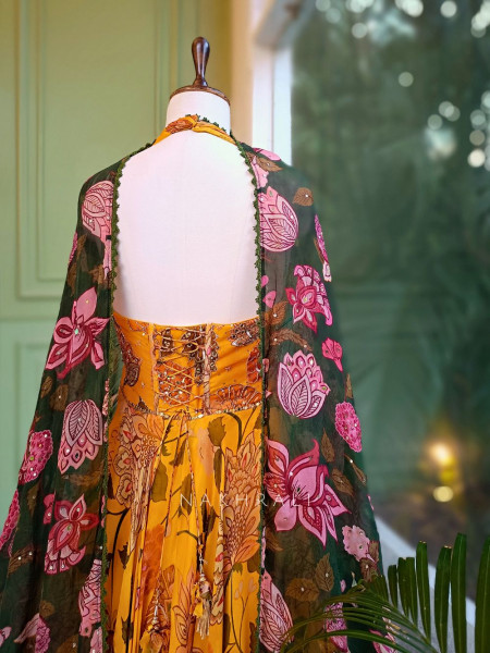Marigold Bloom Floral Halter Neck Anarkali with Dupatta
