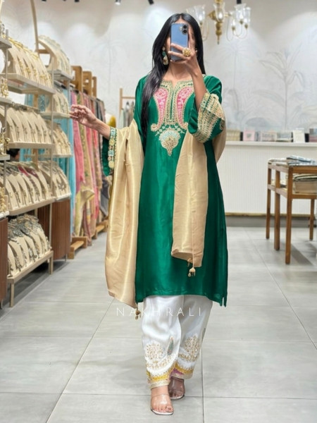Resham Rang Green Silk Blend Farshi Suit Set With Zari, Zardozi & Resham Embroidery