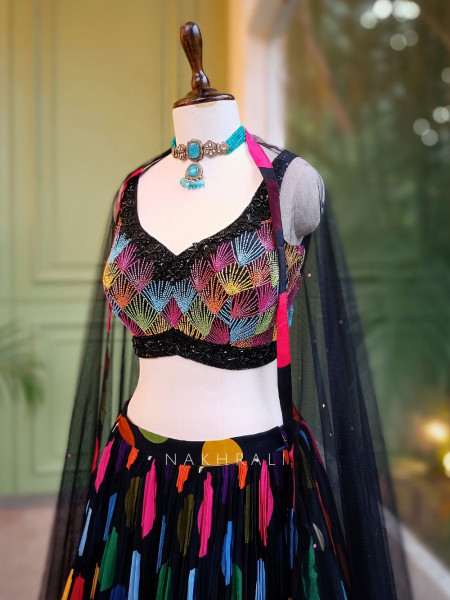 Midnight Black Cut Dana Work Lehenga