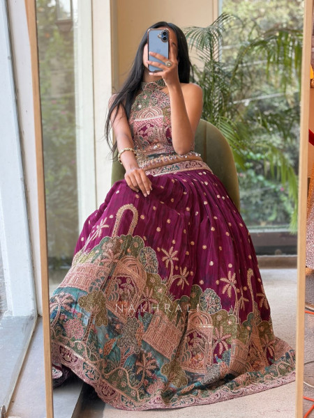 Jharokha Tales Wine Lehenga with Pichwai-Inspired Embroidery