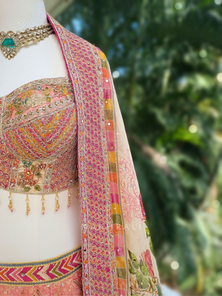 Sanika Beige Silk Printed Lehenga with Mirror Work