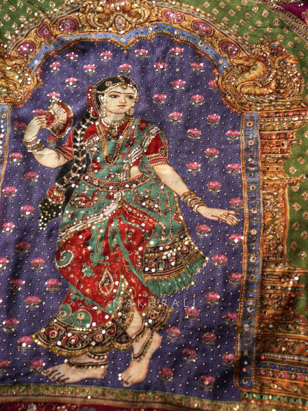 Nrityagopi Multicolor Modal Satin Silk Pichwai Printed Saree with Mirror & Zari Work