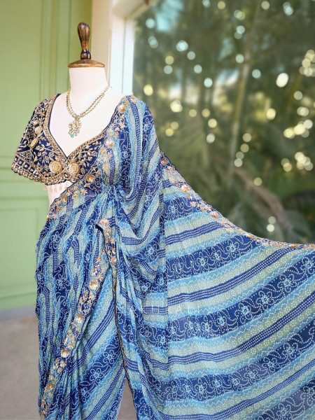 Riva Blue Printed Saree with Embroidered Readymade Blouse