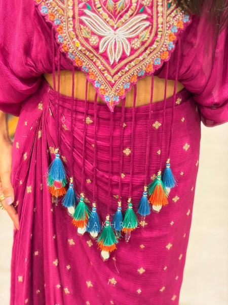 Boho Pink Chinon Drape Skirt Set with Embroidered Tassel Yoke