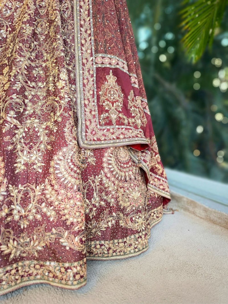 Evara Wine Bridal Lehenga with Gota Patti and Bead Work