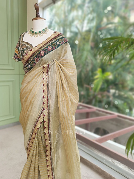 Navpallav Bottle Green Tissue Saree with Sequin Bead Embroidery
