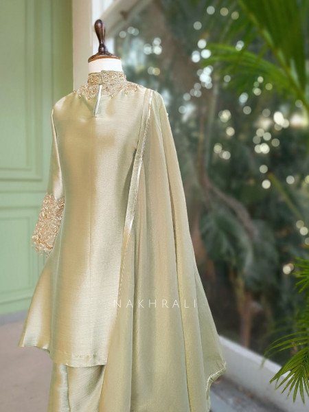 Roselle Pista Green Zari & Sequin Kurta Palazzo Set