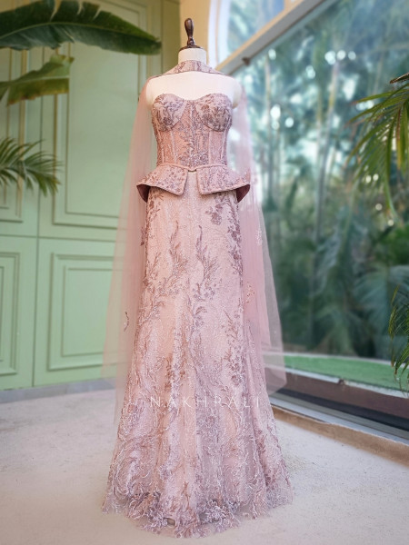 Bevel Blush Pink Indo-Western Crop Top Skirt Set