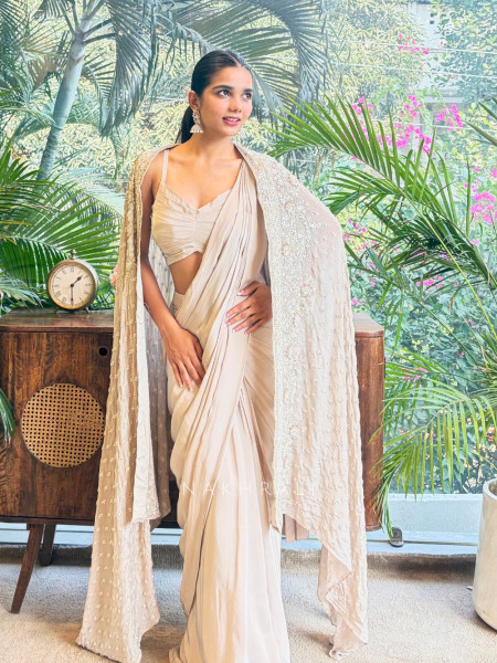 Serenara Beige Drape Saree with Embellished Cape
