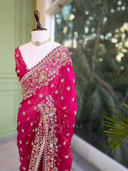 RubyLush Organza Silk Saree with Zardozi Work