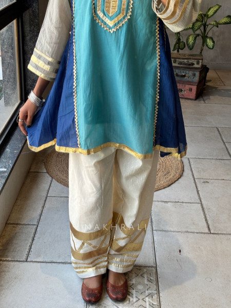 Zoriva Blue Indo-Western Kurta Pant Set with Gota Patti Detailing