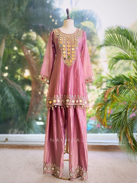 Ruhani Purple Tissue Suit Set with Mirror and Gota Work
