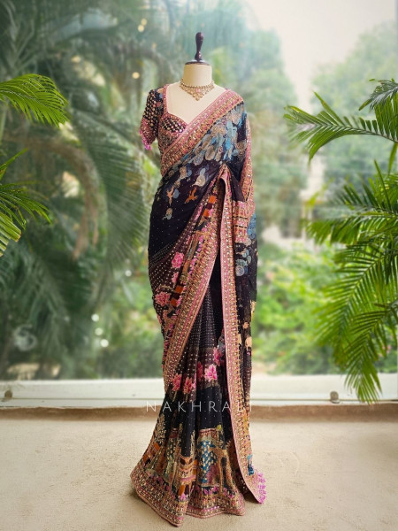 Enchanto Black Saree with Zari and Sequin Work