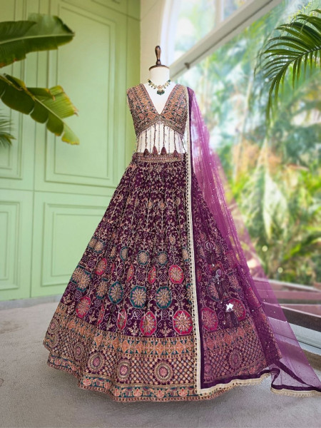 Gulaal-e-Firdaus Purple Green Lehenga Set Embroidery & Mirror Work