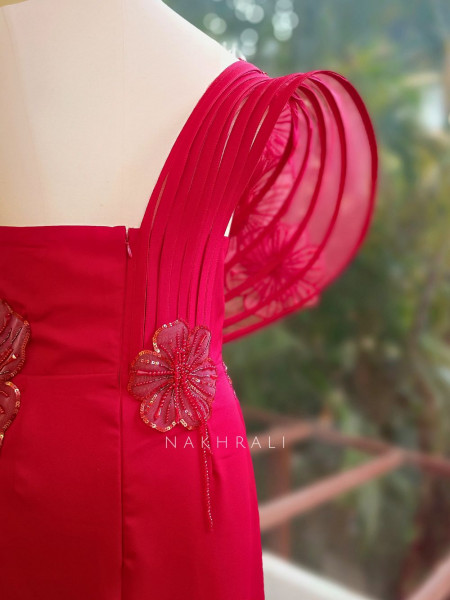 Sylrix Red Statement Gown with 3D Floral Sequin Embroidery