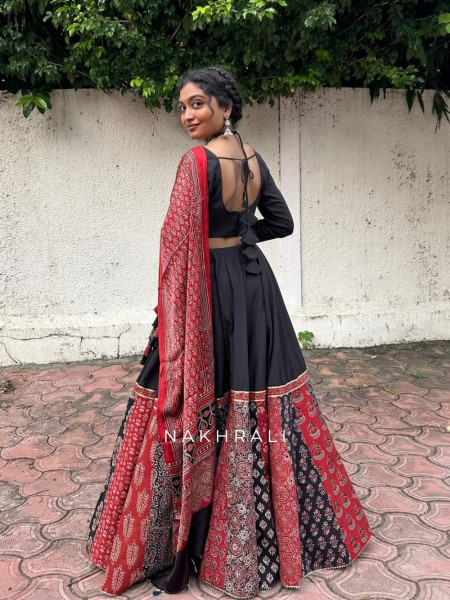 Pravika Black Pure Cotton Chaniya Choli Ajrakh Kalamkari Patchwork & Gota Detail