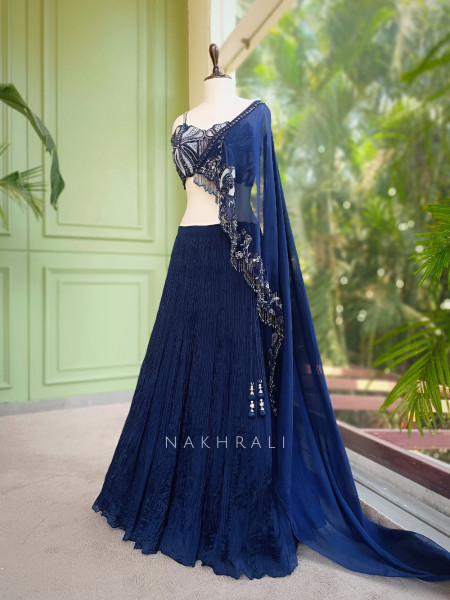 Midnight Blue Indo Western Lehenga with Bead Fringe and Sequin Embellishment