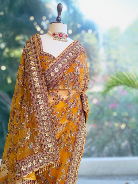 Navira Mustard Embroidered Net Saree with Sequins