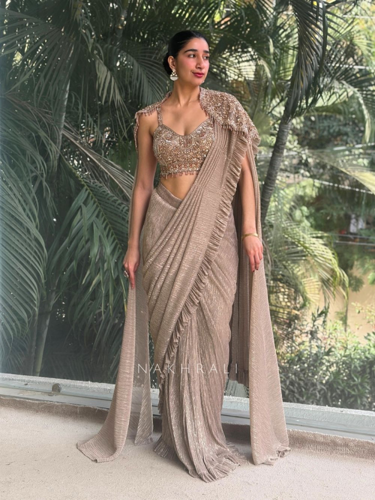 Image of Aira Brown Drape Saree Set with Embellished Blouse &amp; Shoulder Cape
