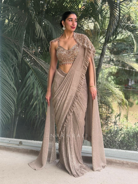 Aira Brown Drape Saree Set with Embellished Blouse & Shoulder Cape
