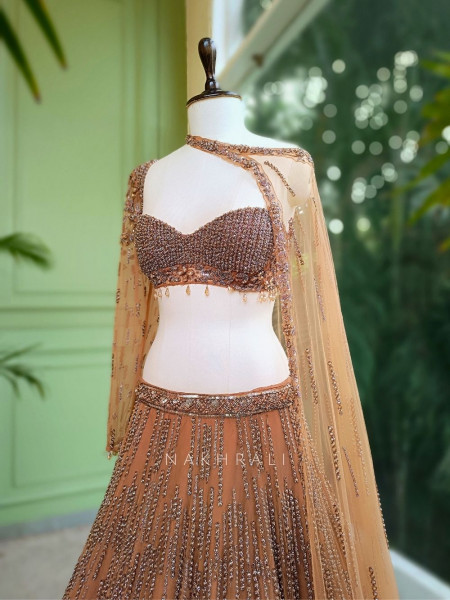 Amber Glow Net Bridal Indo-Western Lehenga with Sequin Embroidery