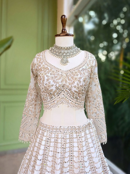 Ravya Cream Mirror and Beads Work Lehenga Set