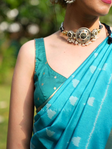 Mayur Blue Chanderi Saree with Floral Ikat Print