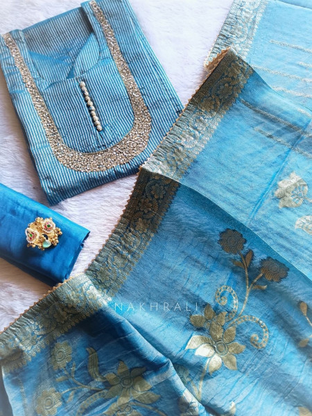 Noorline Glow Blue Semi-stitched Dress Material with Sequin and Cut Dana Work