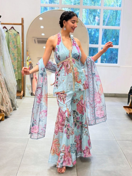 Mihira Blue Floral Gharara Suit Set with Zari Work