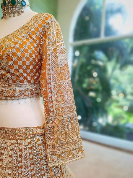 Golden Flare Orange Lehenga with Thread and Sequin Work