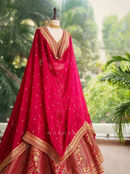Veerangana Red Silk Bridal Lehenga with Zari Weave