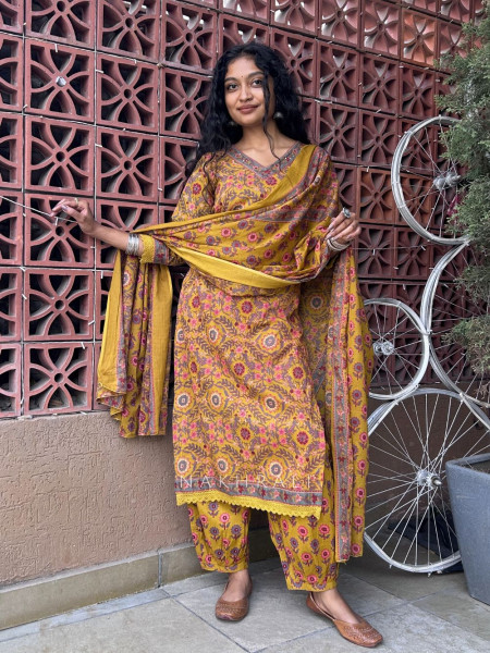 Kritika Mustard Cotton Suit Set with Floral Print