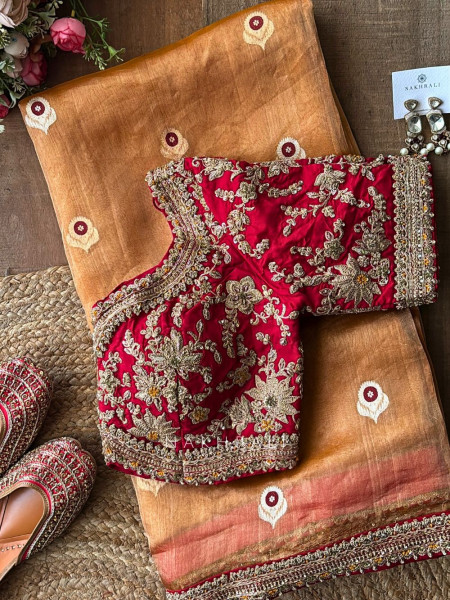 Kanika Golden Saree with Contrast Embroidered Blouse Work
