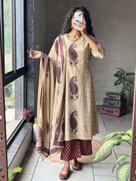 Rangini Red Cotton Suit Set with Paisley Print