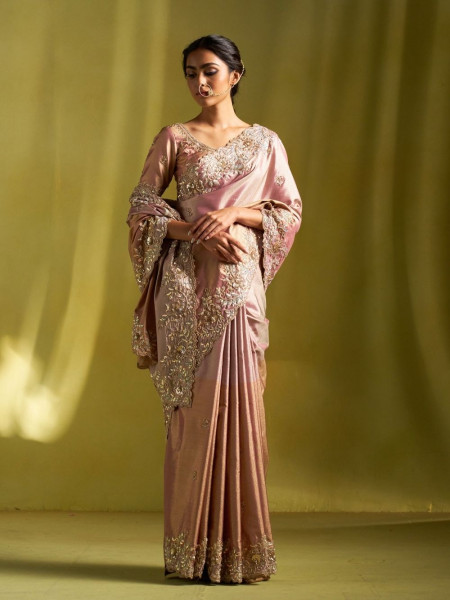 Blush Pink Tissue Dola Silk Saree with Zardozi Border Work