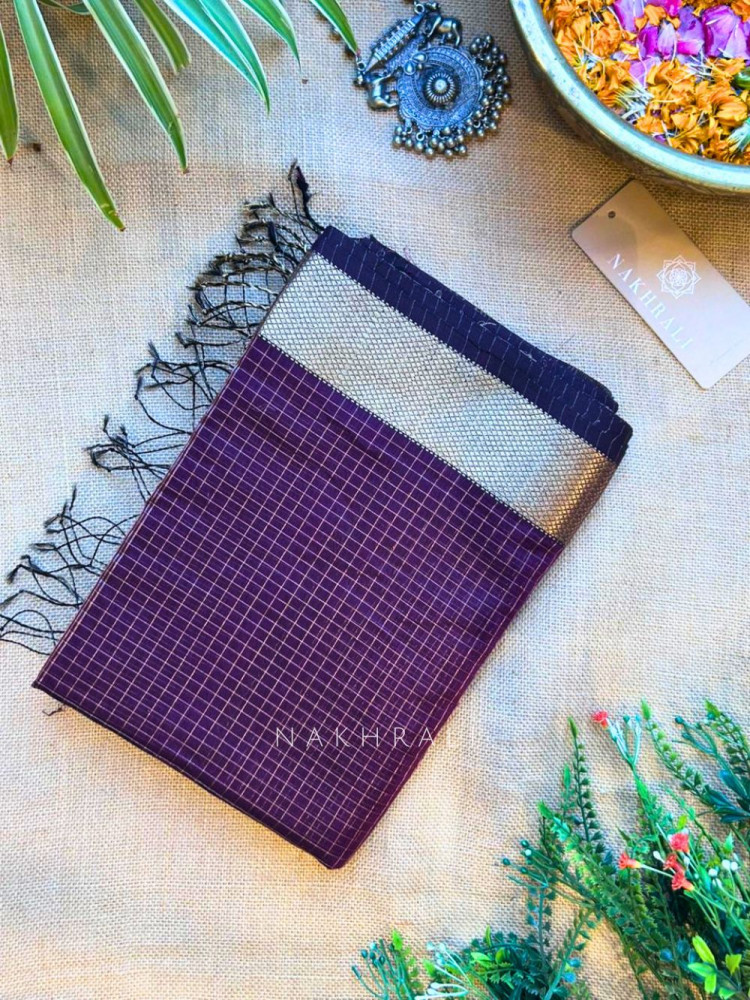 Image of Vasundhara Purple Maheshwari Zari Check Saree with Running Blouse Piece