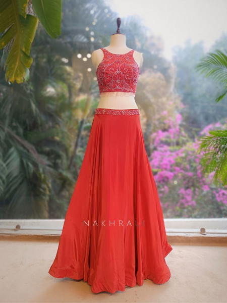 Tivara Orange Thread and Cut Dana Embroidered Lehenga Set