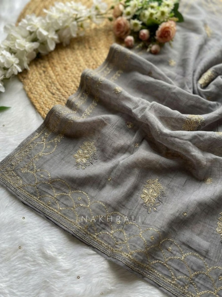 Saanjh Dark Grey Embroidered Dress Material