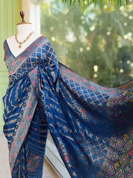 Solvara Blue Bandhani Saree with Traditional Border