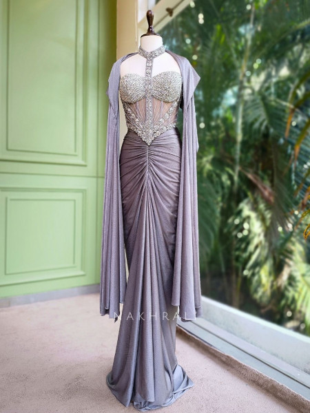 Serene Silver Corset Skirt Set with Stone Embellished Work