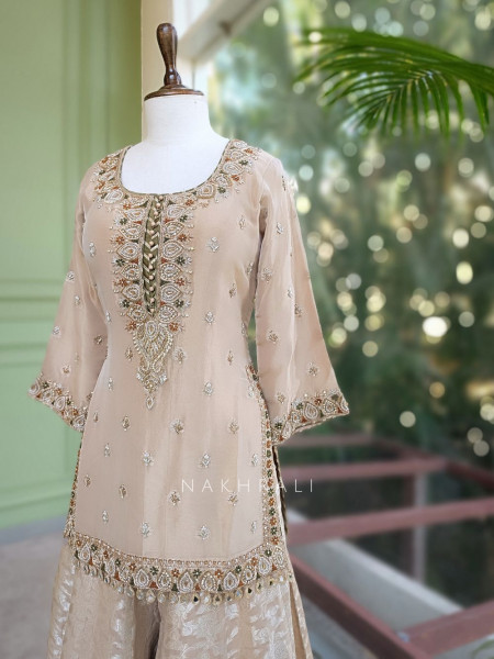 Swarnak Beige Suit Set with Zari Embroidery Work