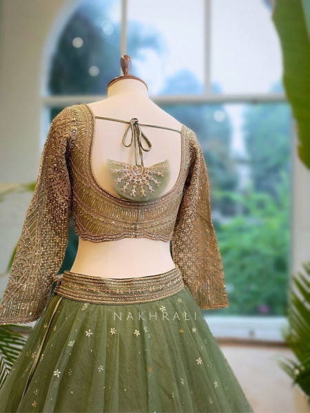 Lustre Enchant Sage Green Net Lehenga with Heavy Embroidered Blouse