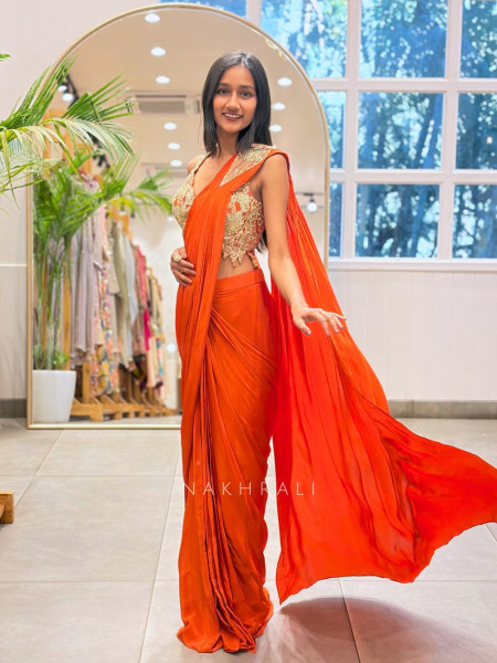 Solmira Orange Drape Saree with Sequin Zari Work