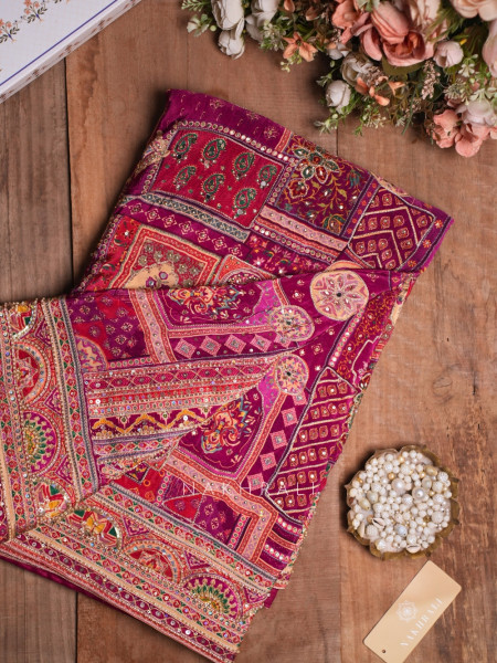 Guzel Wine Gajji Silk Saree with Mosaic Print